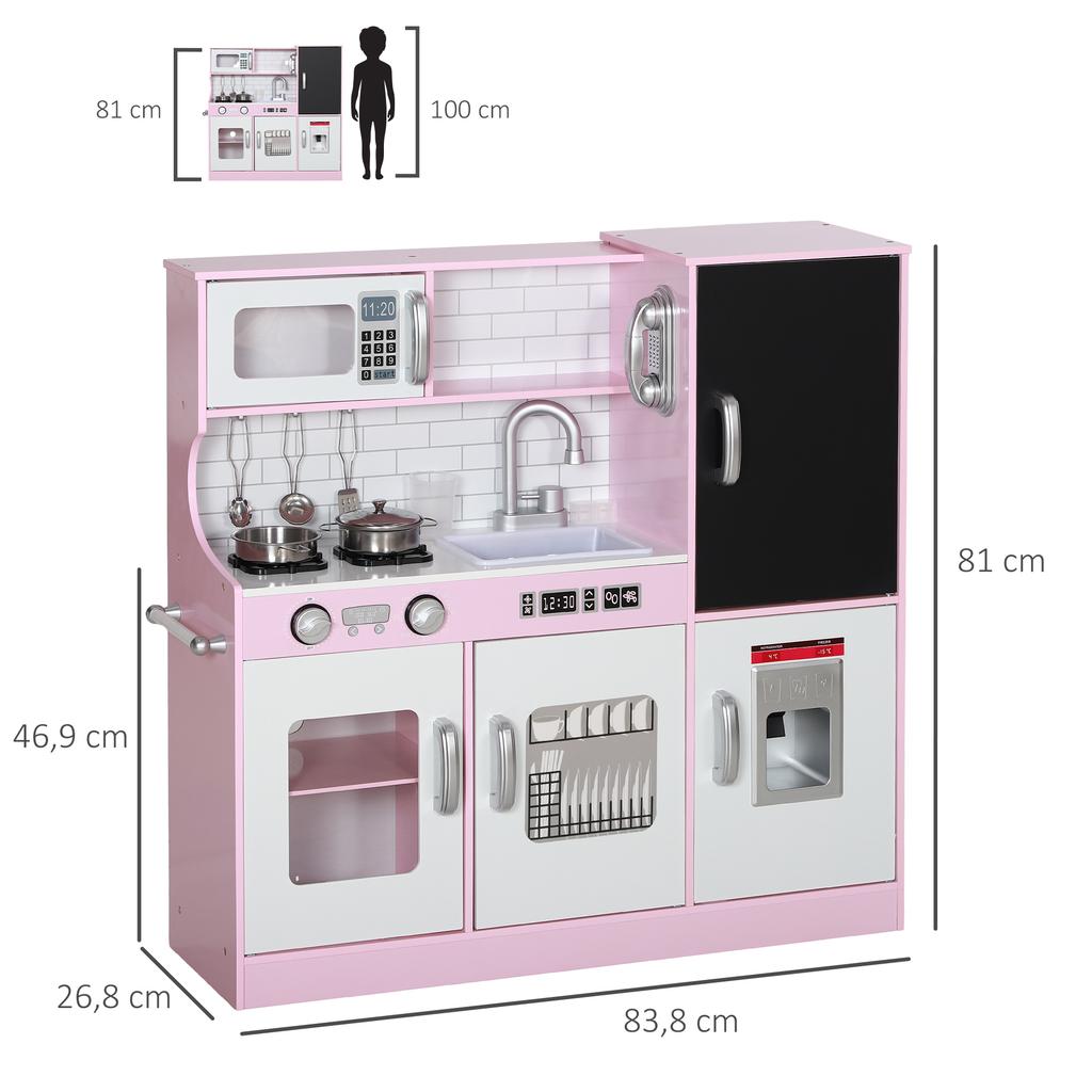 Rollenspielküche, Kinderspielküchenset, mit Spielzeittelefon, Tafel, Mikrowelle, Herd, Spüle, Rosa