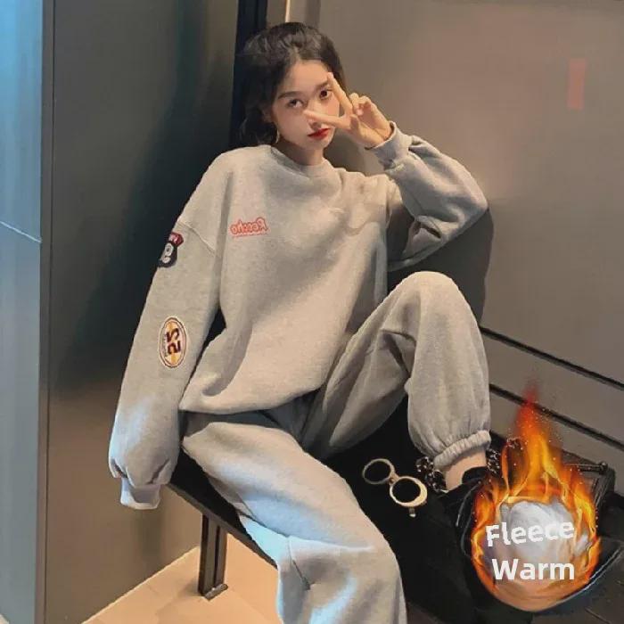 

406# Plus бархатный утолщенный осенне-зимний свободный свитер в корейском стиле и повседневный спортивный костюм для студенток XL светло-серый