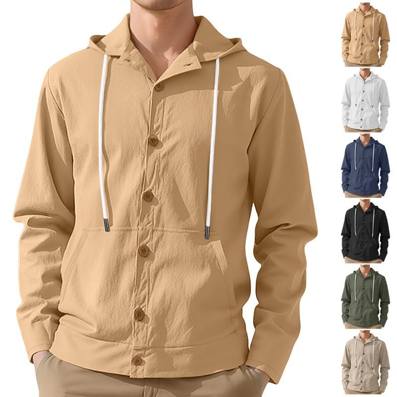 Herren Frühling Herbst Button-Down-Hemd, Lockere Baumwoll-Leinen Kapuzenjacke Langarm, Einfache Lässige Strand-Oberbekleidung