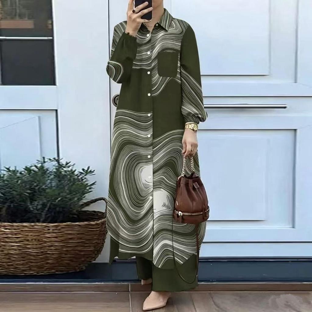 Women Solid Two Piece Outfit Lapel Long Shirt Maxi Blouse Wide Leg Pants Set Elegant Modest Muslim Abaya Suit Spring Daily Wear For Middle East Market