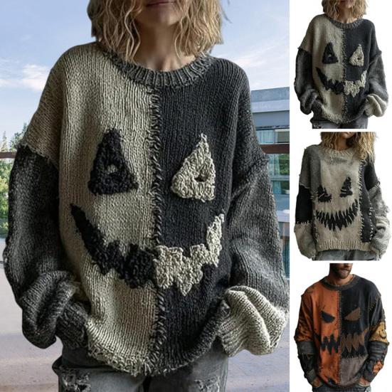 Halloween Skummel Ansikt Genser for Kvinner Patchwork Trykk Strikket Genser Topp Langermet Rund hals Sydd Høstantrekk