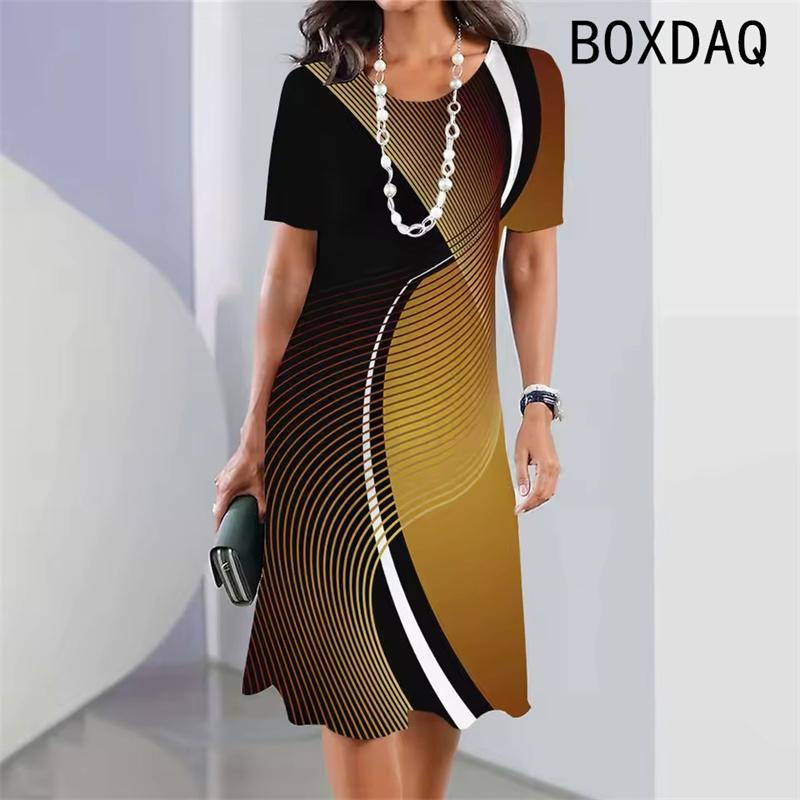 Vintage Elegantes Damenkleid Sommer Kurzarm Rundhalsausschnitt Lässig A-Linie Kleid Schwarz Weiß Farbverlauf 3D Digitaldruck Kleid