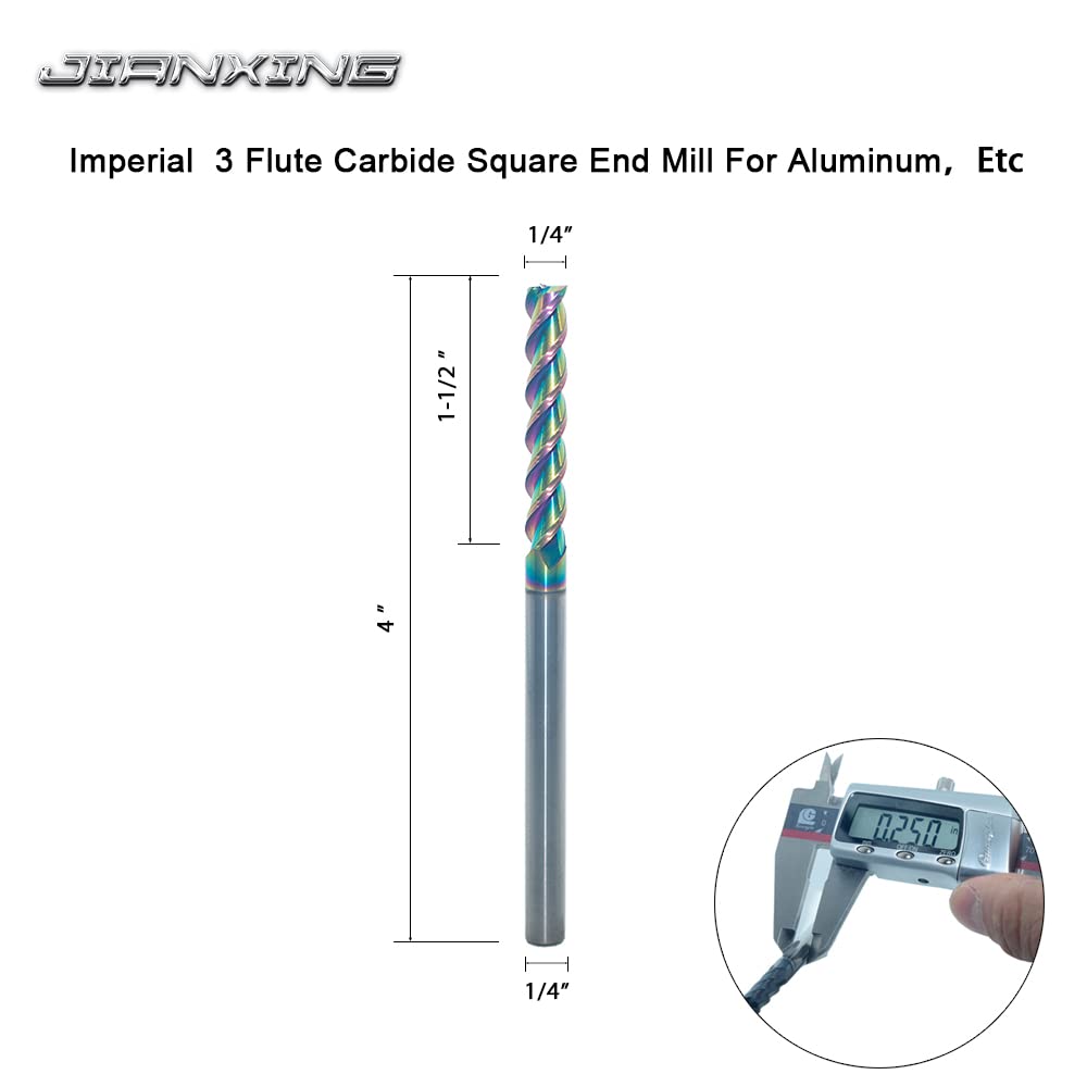 1/4" Extra Long Carbide Square End Mill for Aluminum, Copper Alloy, Plastic, 4" Overall Length End Mill Bits, 3 Flute HRC 55 Deg DLC Coating, CNC