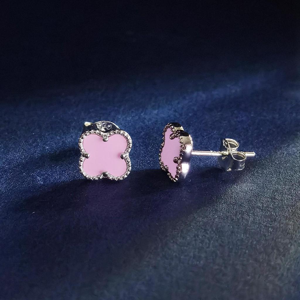 925 Sterling Silver Four Leaf Clover Purple Pine Stone Stud Earrings For Women Fashion Jewelry