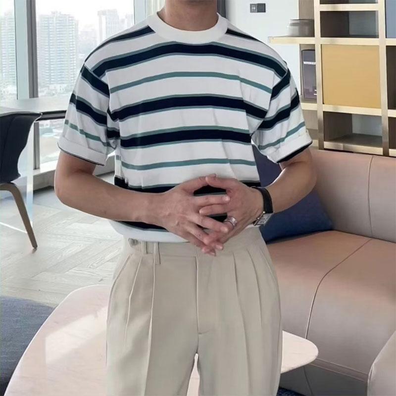 Korean Contrasting Colors T-shirts Summer Stylish Striped Round Neck Men's Casual Short Sleeve Basic Knitted Pullovers