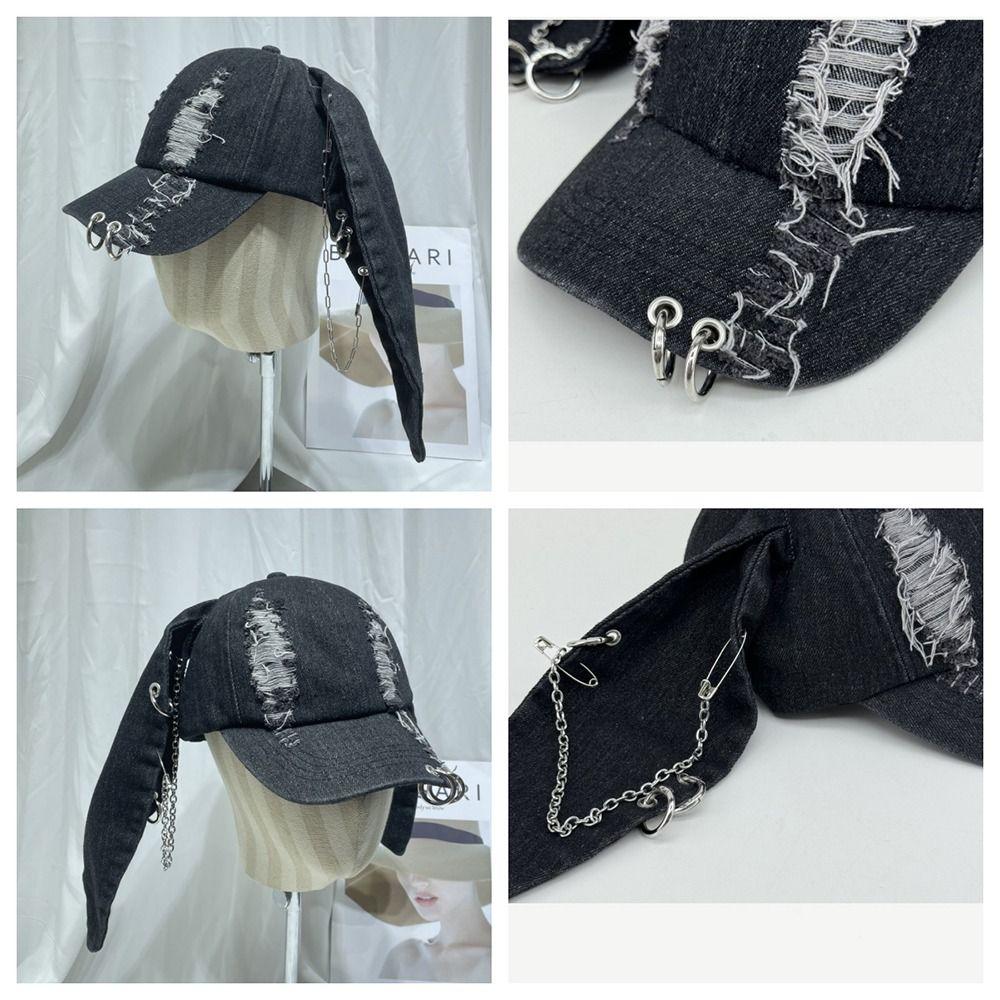 Ripped Design Rabbit Ears Baseball Cap Dark Color Y2k Trend Cap Metal Ring Cap Fashion Statement