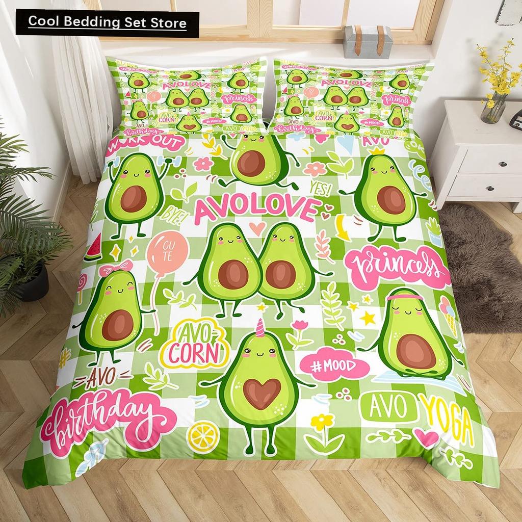 Husă de pilotă verde avocado King Queen Set de lenjerie de pat cu avocado din desene animate Husă de pilota cu fructe Husă de pilotă din poliester cu plante tropicale