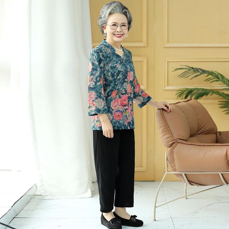 Paster Autumn Floral Tang Suit Set for Middle-Aged Women
