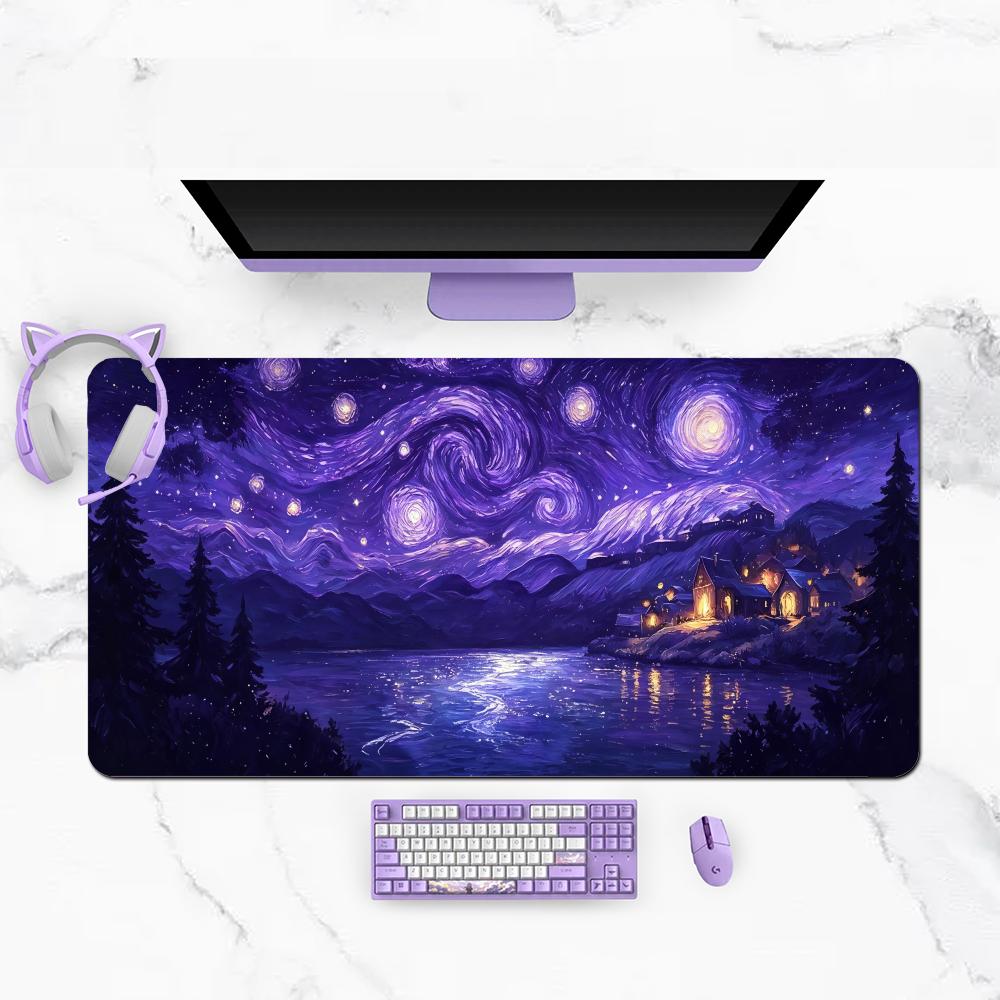 Classic Starry Night Sky Village Scenery Playmat Large Size Table Mat Learning Desktop Mousepad Laptop