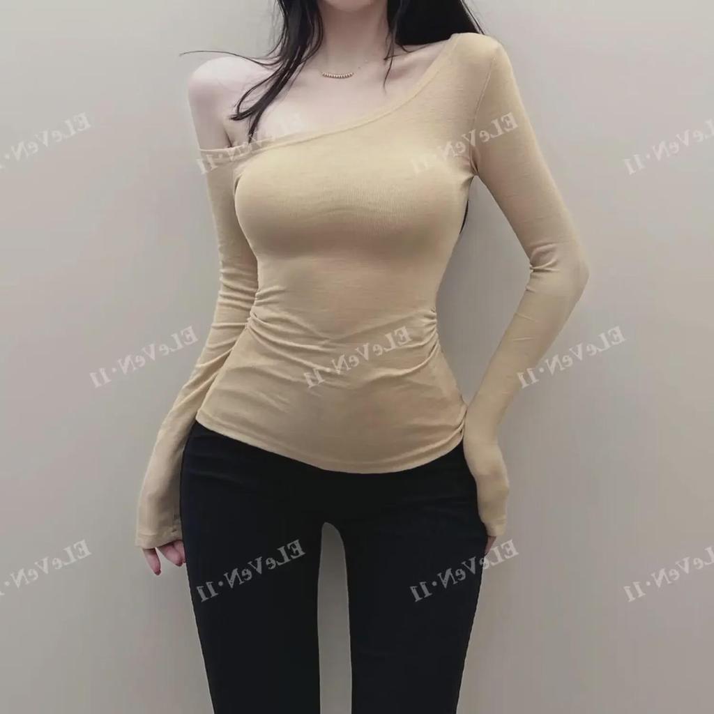 Korean Style Sexy Off-Shoulder Slim Fit Long-Sleeve T-Shirt for Autumn/Winter