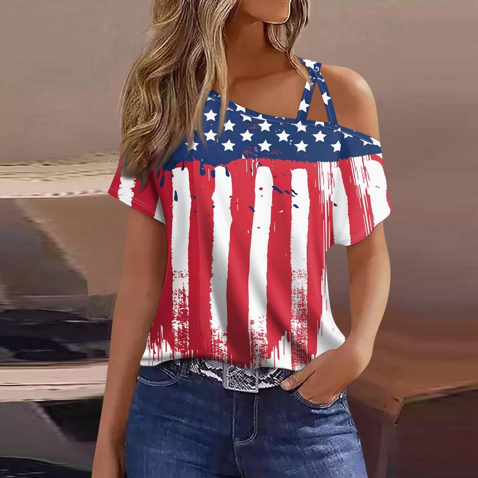 

Женская мода, повседневная футболка с принтом на День независимости, сексуальная футболка с короткими рукавами и открытыми плечами, топ XL винный