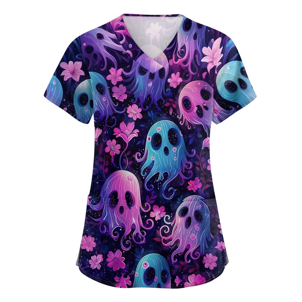 Women's V-neck Halloween Printed Short-sleeved Pocket Side-slit Protective Suit Top