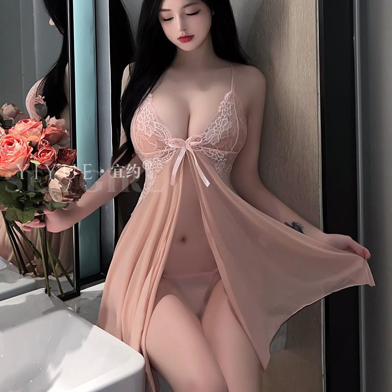 Erotic Underwear, Sexy Halter Lace Seductive Pajamas, Hot Mesh See-through Nightdress, Small Chest Uniform 8453