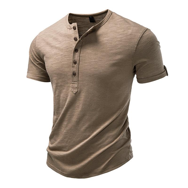 Men's Summer Hip Hop Streetwear Solid Color T-Shirts Bamboo-Handled Henry Collar Casual Button Short Sleeve Top Tees