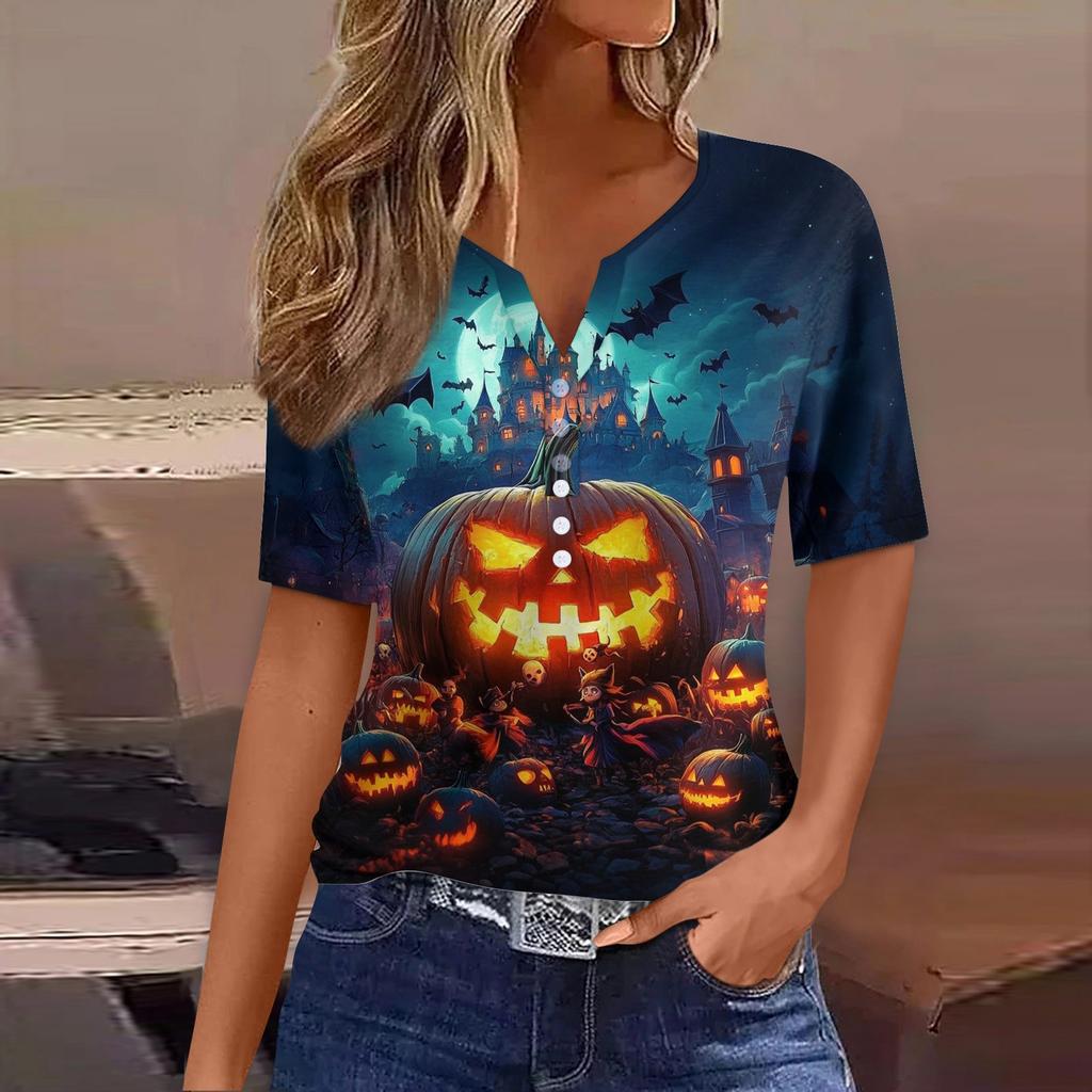 Women's T Shirt Tee Halloween Printed Button Short Sleeve Tunic Daily Weekend Fashion Basic V- Neck Regular Top