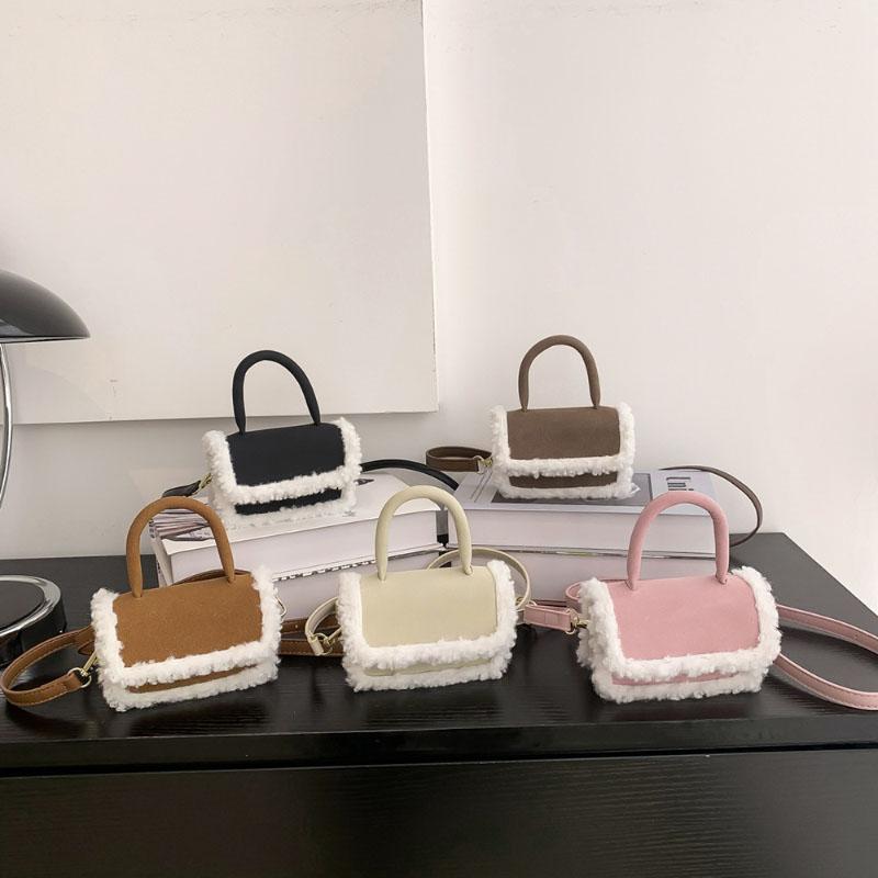 Mini Geantă Crossbody cu Aplicare Lână de Miel, Modă Coreeană, Suedeză Faux, Portabilă, Mică, Pătrată, Toamnă Iarnă, Femei, Nouă Textură, Geantă de Mână