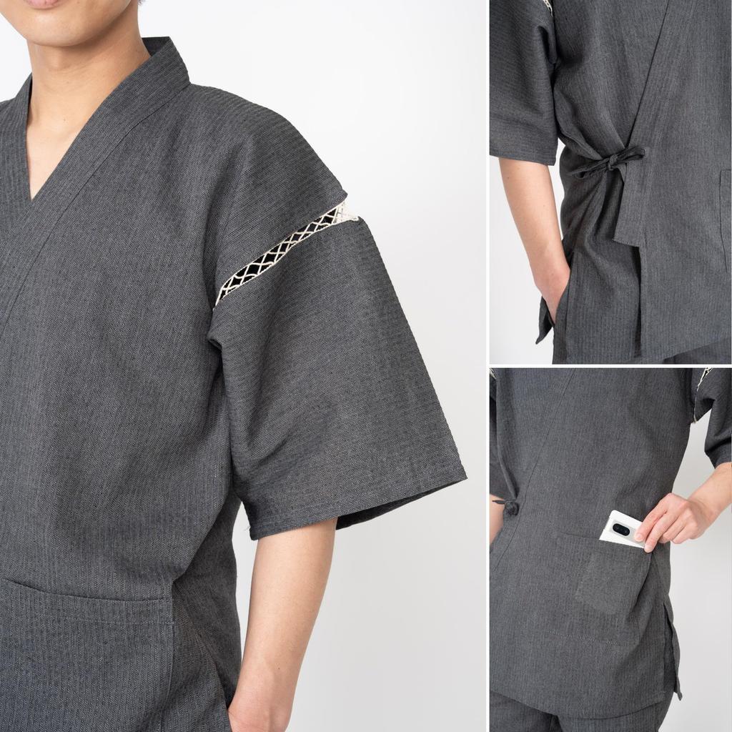 Morioru Shijira Woven Jinbei for Men, Size L, Gray [Cool 100% Cotton Jinbei for Men, Summer Loungewear, Gift]
