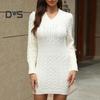 Fall Winter Women Dress Knitted Thick V Neck Slim Fit Long Sleeves Above Knee Length Twisted Texture Pure Color Sheath Office Party Mini Dress