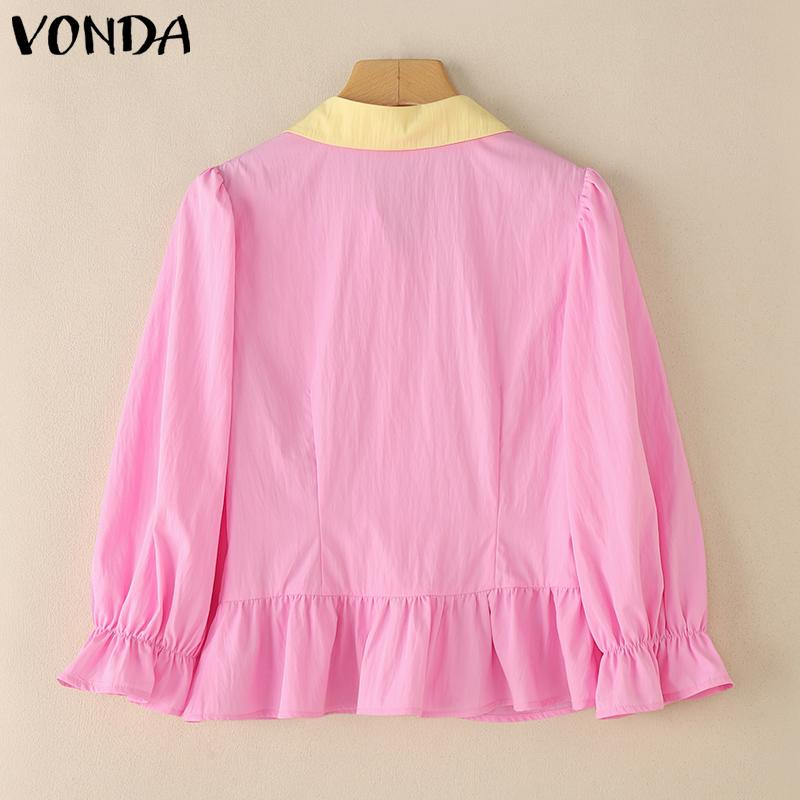VONDA Women Elegant Lapel Neck Puff 3/4 Sleeve Button Ruffled Slim Waist Casual Blouse