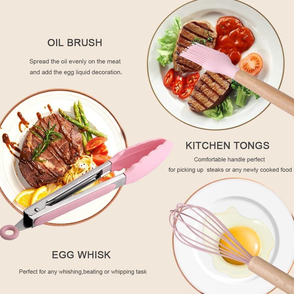 Silikonové kuchyňské náčiní Sada kuchyňského náčiní, 12 ks Dřevěná rukojeť Netoxické Bez BPA Silikonová lžíce Stěrka Obracečka Kleště Kuchyňské pomůcky Sada náčiní