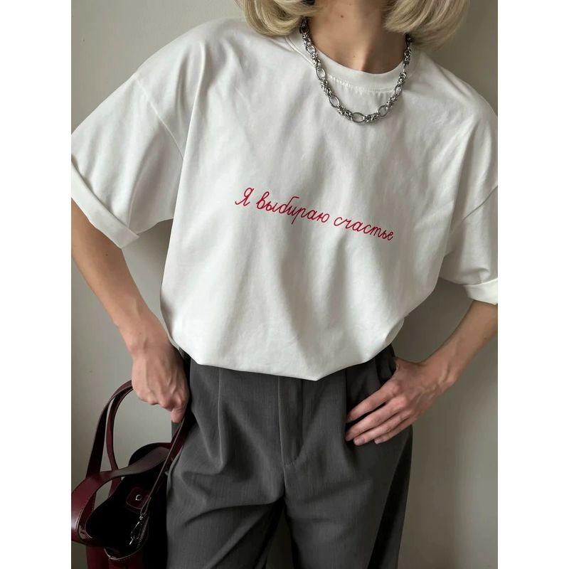 New Fashion T-shirt European and American New Fashion Casual Loose round Neck Print Letters Cotton T-shirt Top