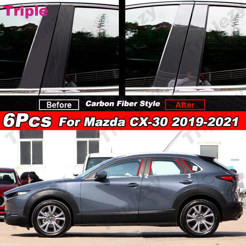 6Pcs Glossy Black/Carobn Fiber Car Door Window B C Pillar Post Sticker Trim Mirror Effect Film For Mazda CX-30 CX30 -