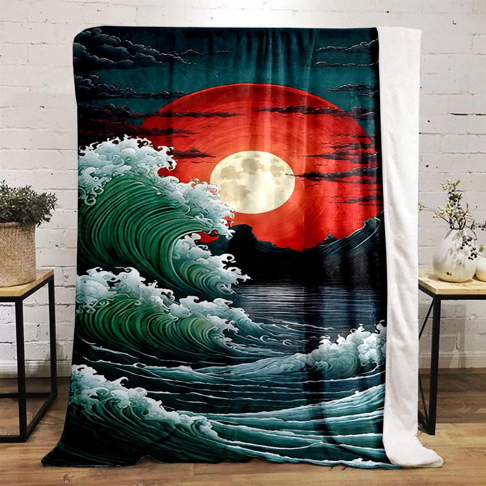Red Moonlit Waves and Stormy Sea Patterned Flannel Blanket Perfect for the Bedroom Living Room, Sofa, or a Little Nap