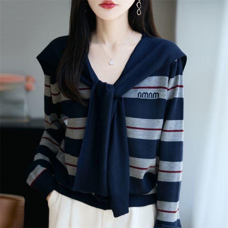 

Женский кардиган из тонкой мериносовой шерсти в полоску с шалевым воротником - Повседневный, Универсальный, С длинным рукавом, Омолаживающий. XL (65-78 kg)