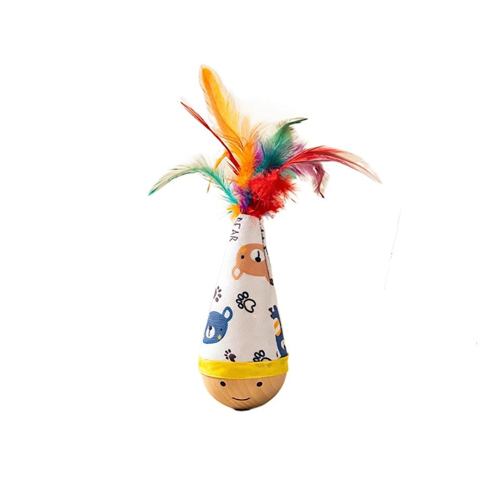 Cartoon Pattern Cat Tumbler Wobbler Toys Bite-Resistant with Feather Cat Interactive Toys Wear-Resistant Kitten Wobble Ball