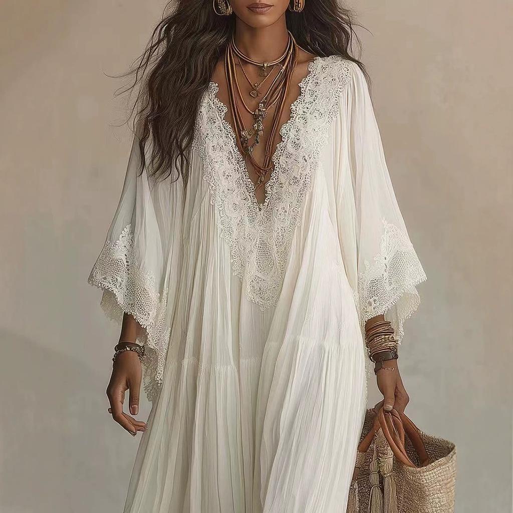 Rochie lungă albă din dantelă cu decolteu în V, rochie de vacanță pe plajă cu mâneci evazate, pliurile de zână sunt elegante și relaxate la malul mării