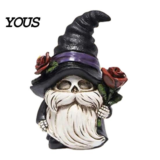 Desktop Gnome Ornament Halloween Skeleton Figurine, Gothic Witch Hat Dwarf Statue, Holiday Party Holding Rose Sculpture for Decoration Hand