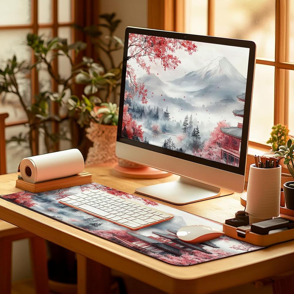 Japanese Cherry Blossoms Art Mouse Pad 31.5"x12" Large - Japanese Traditional Design Water-Resistant Surface Desk Mat with Non-Skid Base for
