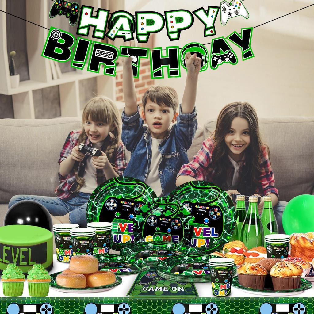 128pcs Video Game Party Supplies, Gaming Themed Tableware Set - Plates Paper Cups Banner etc Gaming Birthday Party Supplies