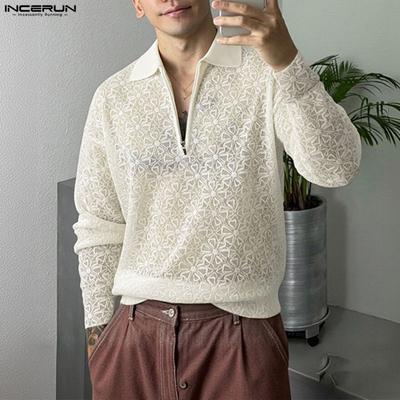 Oversized Men Lapel Neck Long Sleeve Mesh Sheer Texture Flowers Casual Shirts Tops