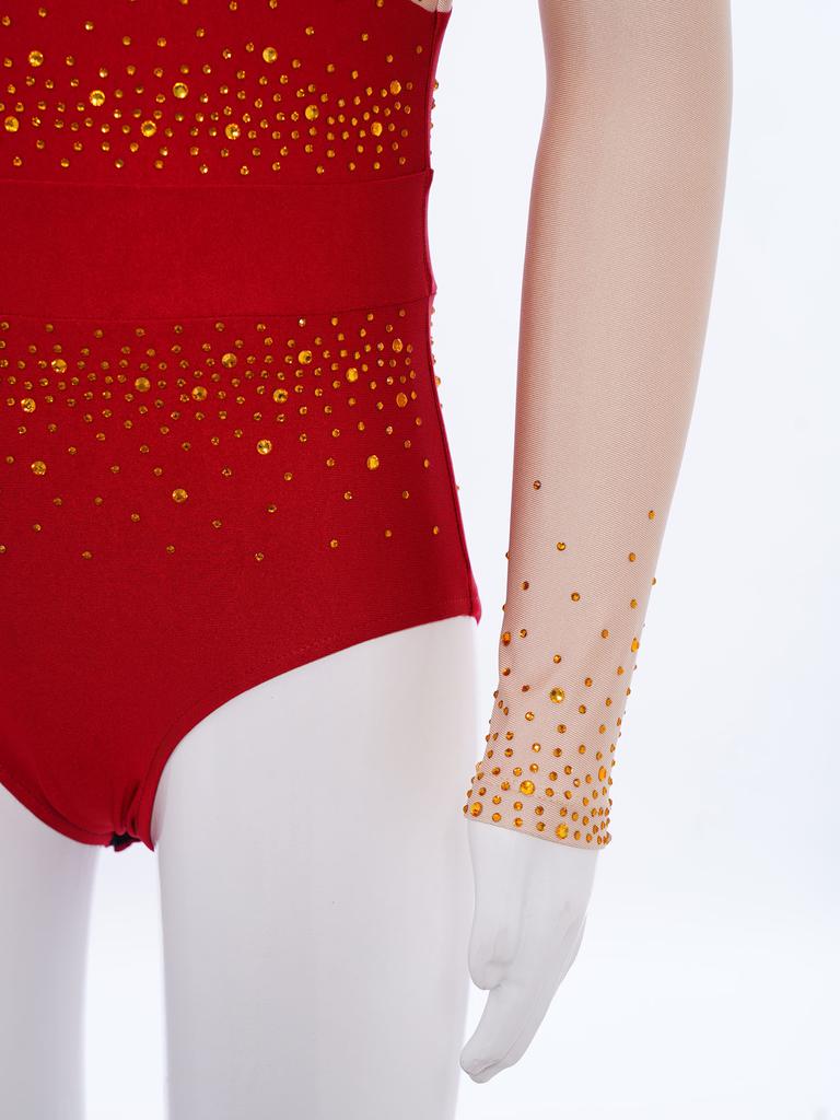 Flickor Gymnastik Dansuppvisning Dräkt Mock Turtleneck Långärmad Glittriga Strass Färgblock Bodysuit