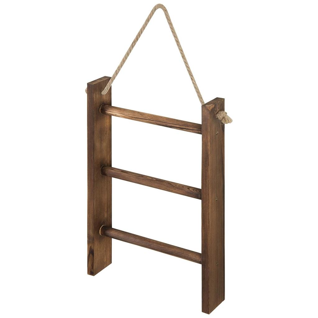 Rustic French Country 3-Tier Wooden Ladder Shelf - Wall-Mounted Towel and Scarf Rack with Natural Jute Rope