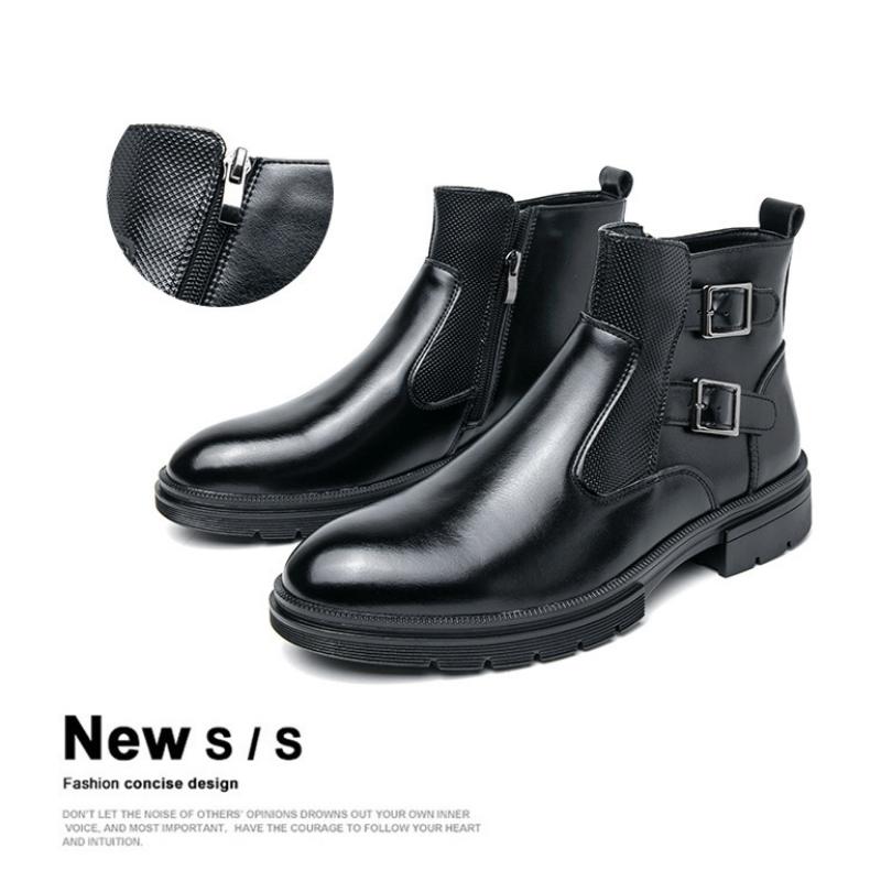 British Style Round Toe Leather Boots Men's Fashion Casual High Top Boots Buckle Slip-on Thick-soled Boots