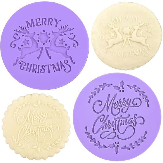 Crethinkaty 2 Pieces Christmas Fondant Embosser Merry Christmas Shape 3D Raised Design Cookie Stamp for Baking Cookies,Decorating Cake/Sugar Christmas