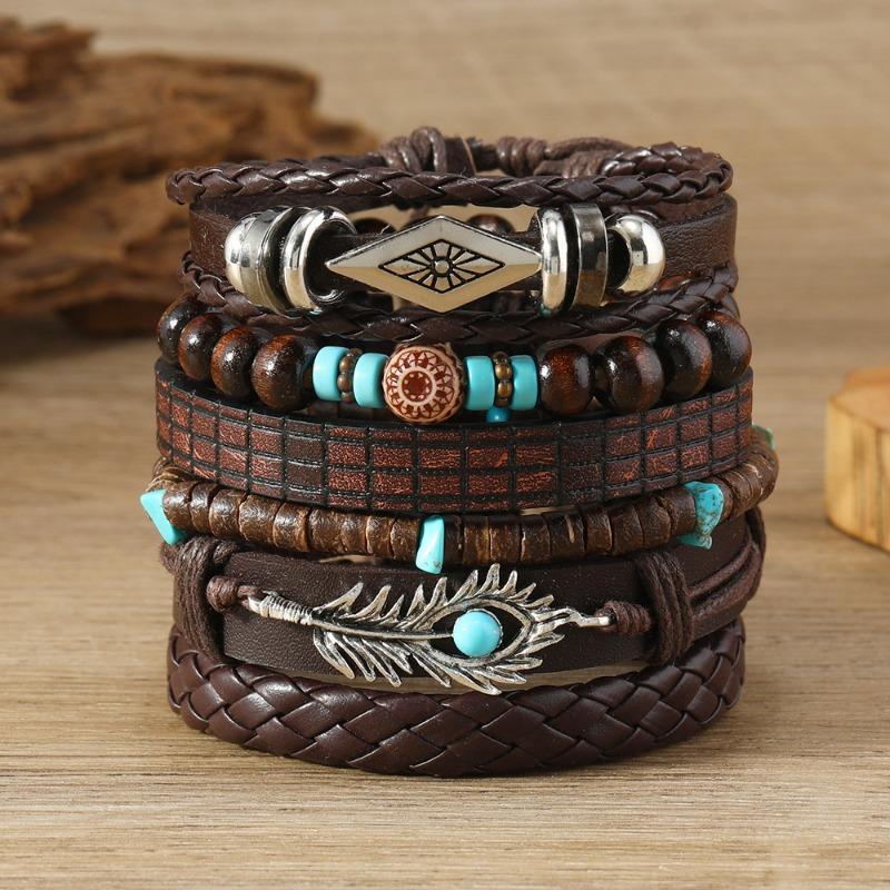 Summer New Hot-selling Retro Fashion Wind Wood Beads Beaded Alloy Rhombus Peacock Feather Hand-woven Bracelet