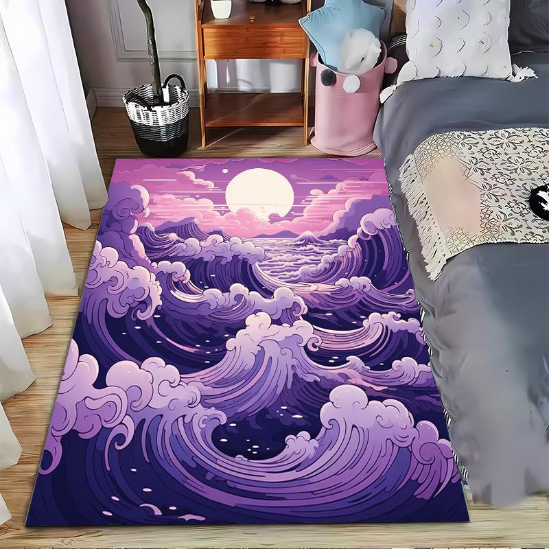 Purple Waves and Moon Carpet Non-slip Rug Suitable for Living Room and Bedroom Sofas