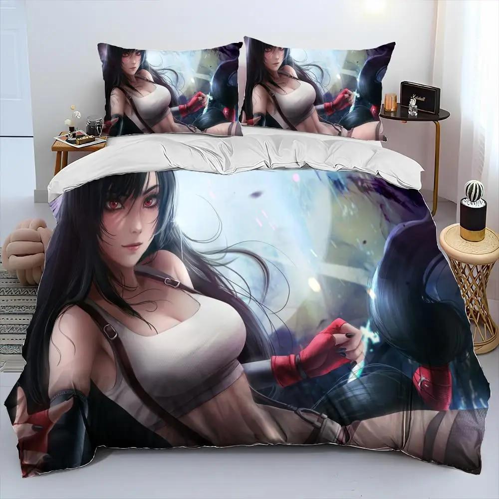 Tifa Aerith Sexy Girl Lace Cartoon Game Comforter Bedding Set,Duvet Cover Bed Set Quilt Cover Pillowcase,Queen Size Bedding Set