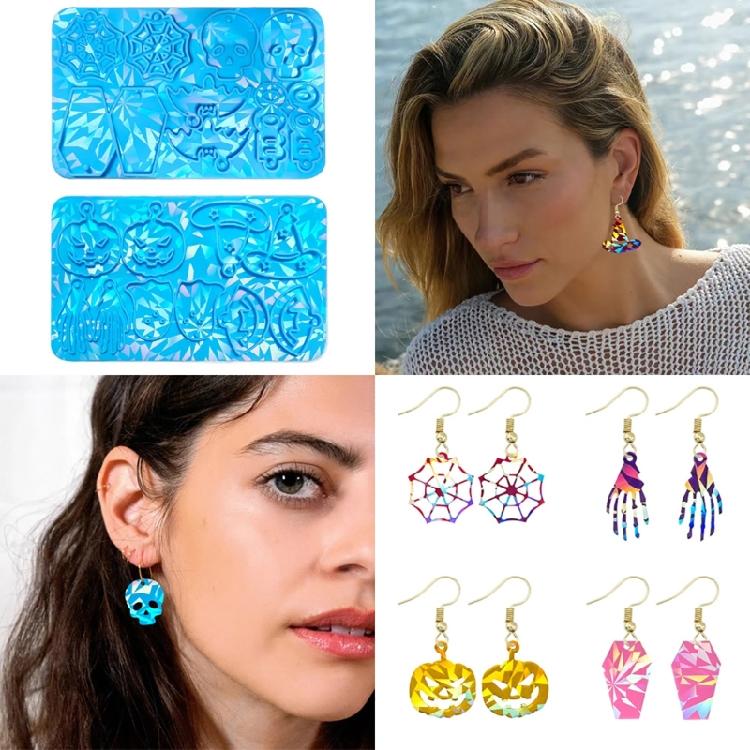 Halloween Skull Resin Molds Handmade Holographic Decorations for Earrings Keychain Hanging Pendant Jewelry Making Tools