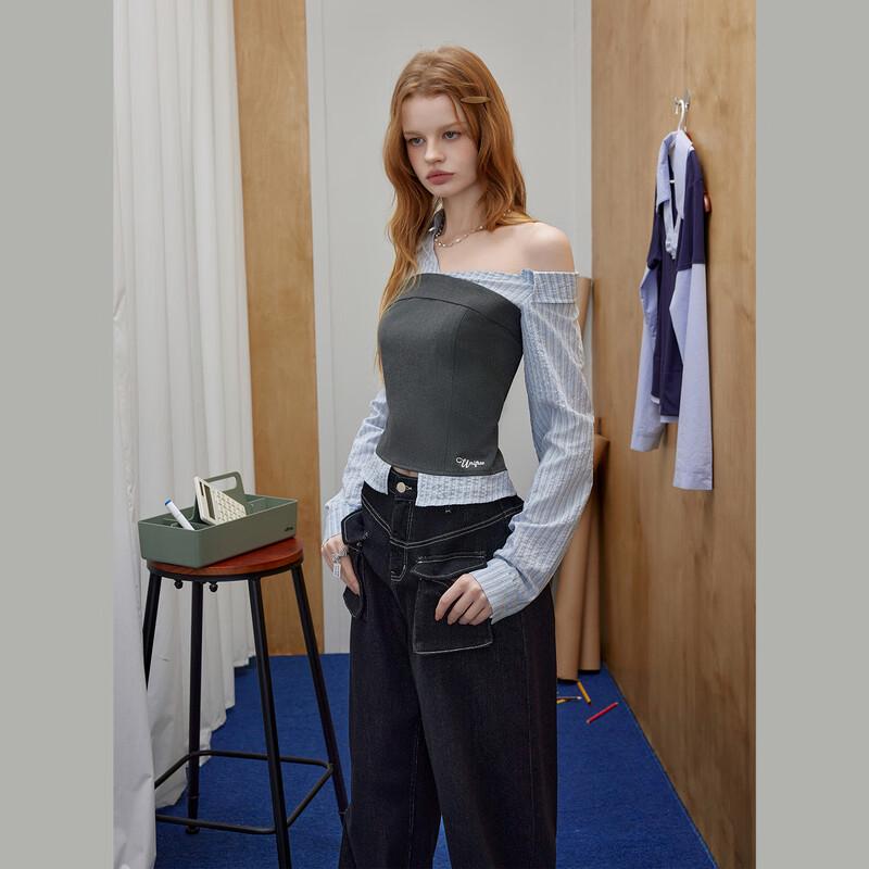 UNIFREE 2026 Spring Sweet & Cool Off-Shoulder Color-Block Shirt
