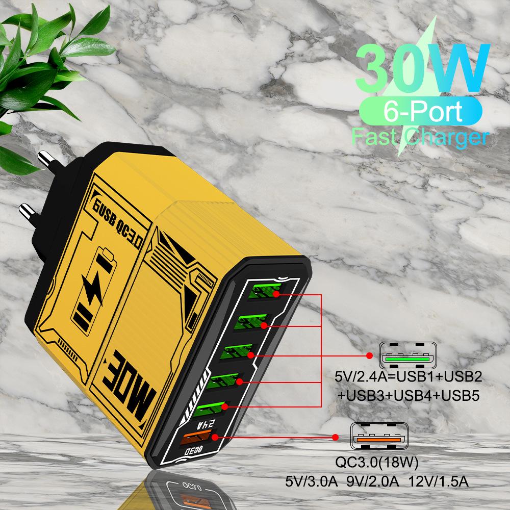 30W 6-Port USB QC3.0 Fast Charger Adapter - EU, US, UK, AU Plug