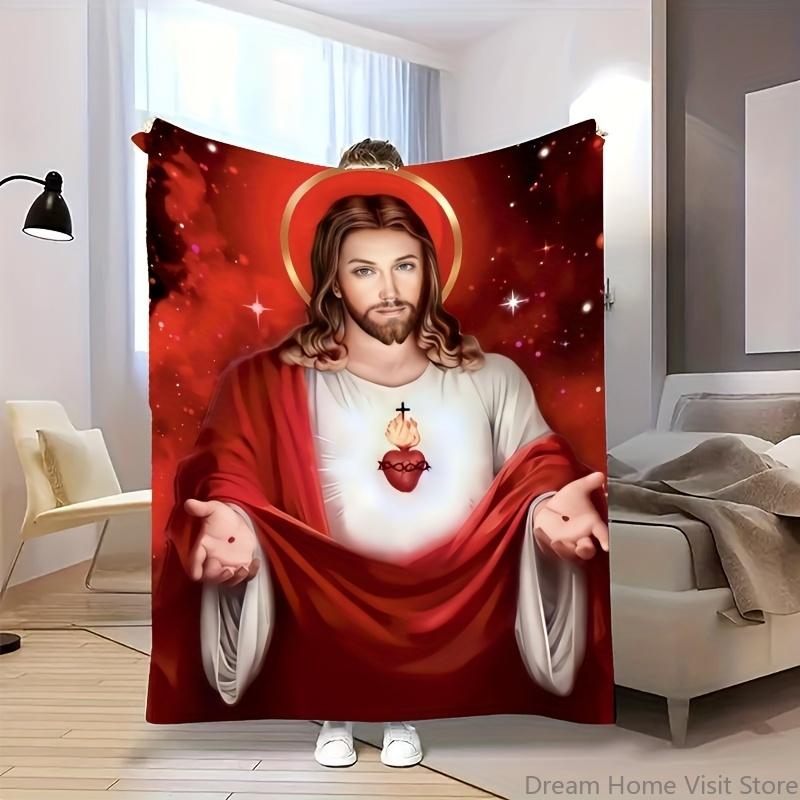 1pc Warm Sacred Jesus Sacred Heart Flannel Throw Blanket for Sofa, Bed,Travel, Camping, Livingroom, Office, Couch,Chair, And Bed