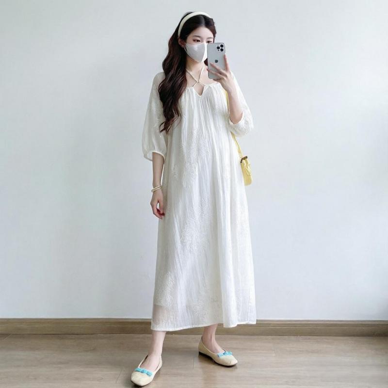 Elegant Summer Lace Embroidered Maternity Mesh Dress 2XL