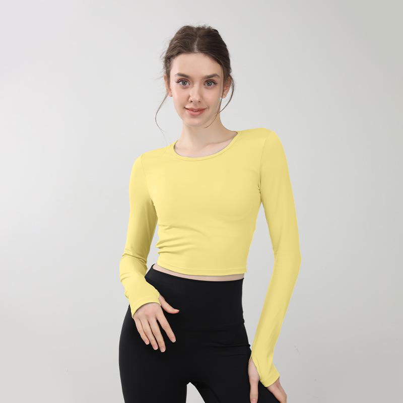 

Футболка для йоги с вырезом на спине: Высокая эластичность, облегающий крой, длинный рукав, со встроенными чашечками для груди для дышащего фитнеса. Medium