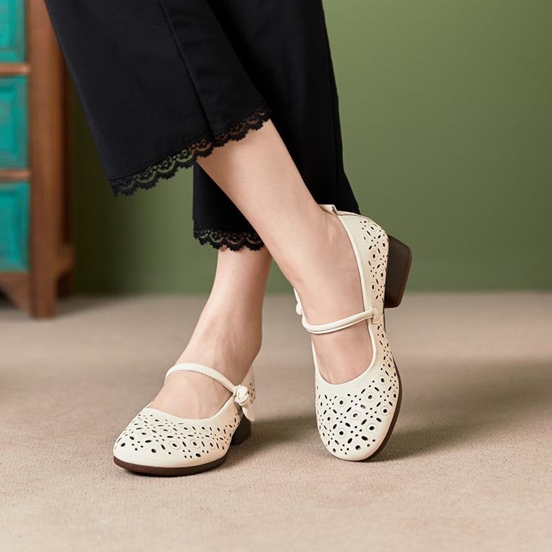 Prawdziwa Skóra Wydrążone Damskie Buty na Wysokim Obcasie Lato Vintage Damskie Czółenka Wygodne Damskie Okrągły Nosek Casualowe Buty na Średnim Obcasie Damskie