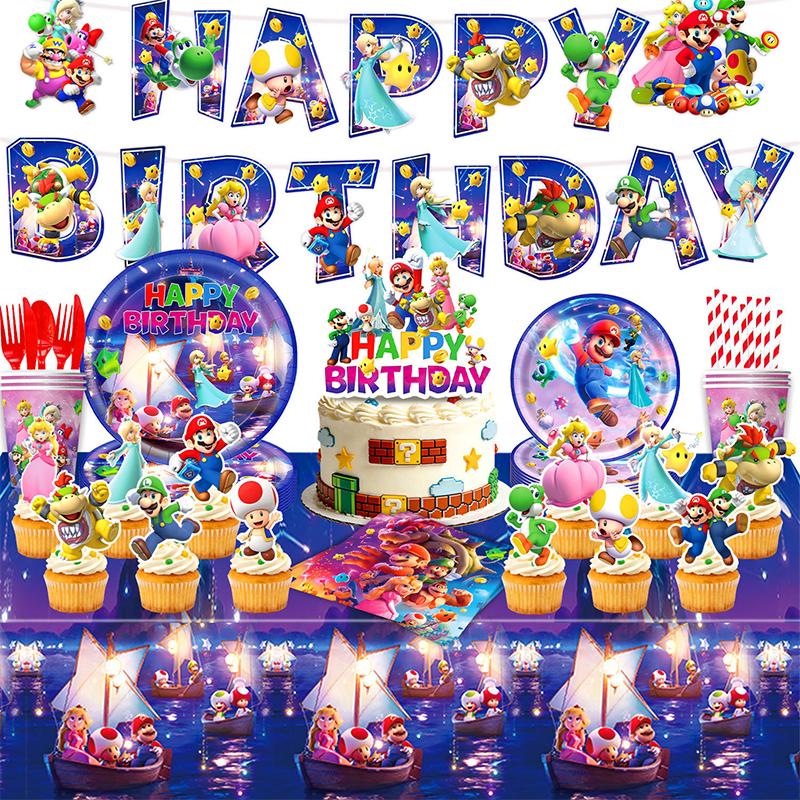 Anime Super Mario Bros Geburtstagsparty Dekoration Mario Luigi Einweggeschirr Tischdecke Serviette Teller Geschenktüte Partyzubehör