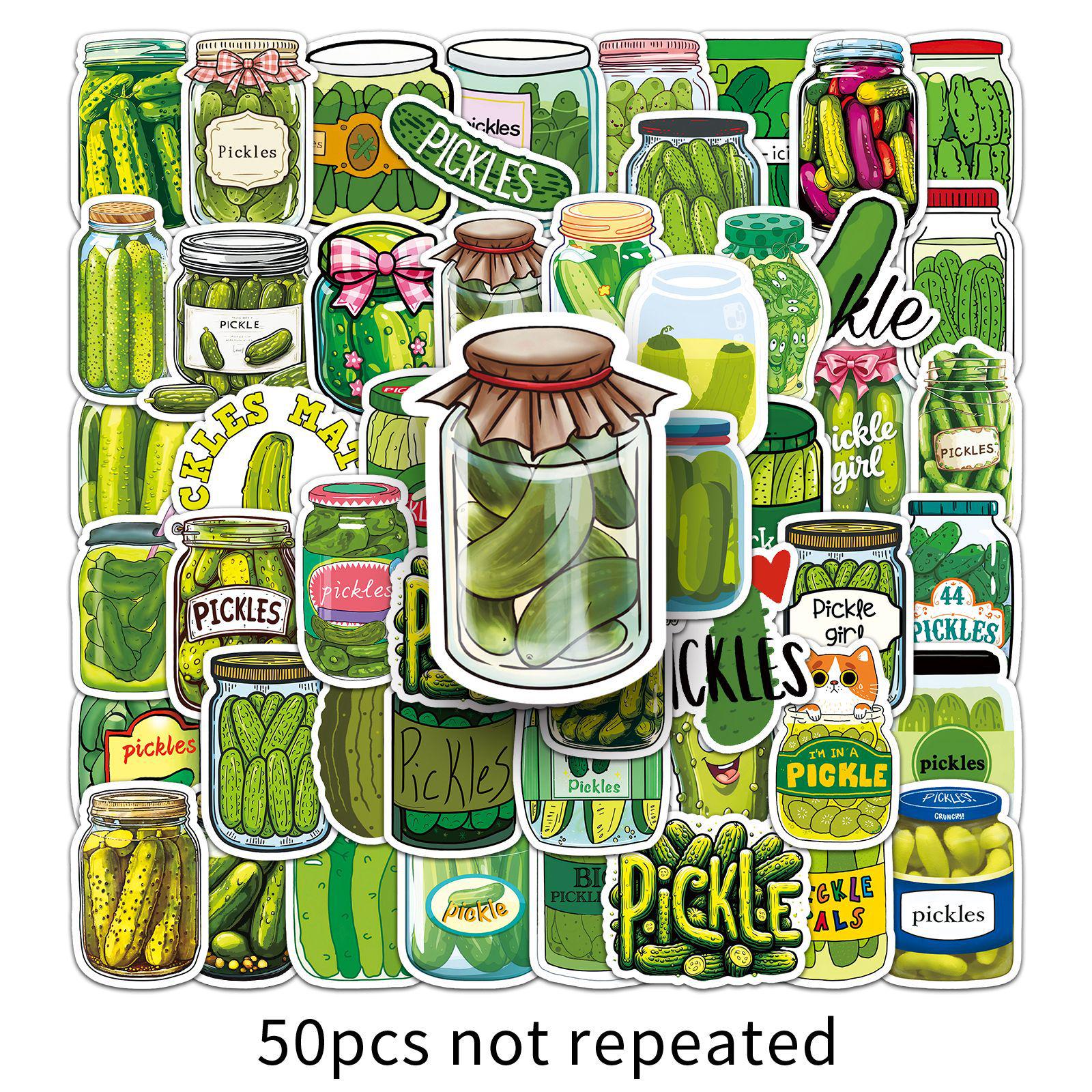 50 Waterproof Sour Cucumber Stickers: Green Vegetable Pickles for Journal Decoration and Resin Crafts.